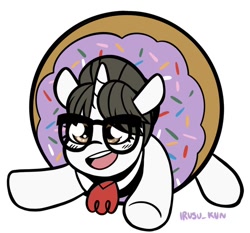 Size: 680x634 | Tagged: safe, alternate character, alternate version, artist:lrusu, raven, unicorn, commission, cute, donut, female, food, glasses, hair bun, looking at you, mare, necktie, ravenbetes, secretary, simple background, smiling, smiling at you, sprinkles, white background, ych result