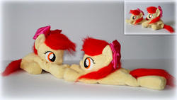 Size: 3265x1837 | Tagged: safe, artist:lavim, apple bloom, earth pony, pony, g4, adorabloom, cute, female, filly, irl, lying down, photo, plushie, prone, solo