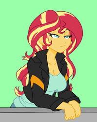 Size: 1032x1296 | Tagged: safe, artist:reiduran, color edit, edit, sunset shimmer, human, equestria girls, g4, breasts, busty sunset shimmer, clothes, colored, female, green background, simple background, solo