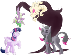 Size: 2500x1900 | Tagged: safe, artist:heartbeat420, fhtng th§ ¿nsp§kbl, oleander (tfh), spike, twilight sparkle, alicorn, classical unicorn, demon, dragon, pony, unicorn, them's fightin' herds, g4, cloven hooves, community related, crossover, eyes closed, female, holding, holding a dragon, holding leg, horn, leonine tail, looking at each other, looking up, male, open mouth, simple background, smug, twilight sparkle (alicorn), unshorn fetlocks, white background, winged spike, wings