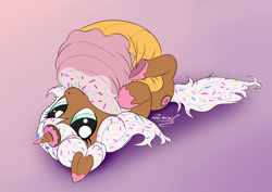 Size: 3508x2480 | Tagged: safe, artist:reminic, oc, oc:donut daydream, pony, unicorn, commission, cupcake, cute, donut, food, high res, munching, pillow hug, playful, plushie, solo
