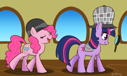 Size: 1000x600 | Tagged: safe, artist:empyu, pinkie pie, twilight sparkle, earth pony, pony, unicorn, g4, mmmystery on the friendship express, 45 minute art challenge, bowler hat, cute, deerstalker, detective, diapinkes, duo, female, hat, magnifying glass, mare, profile, sherlock holmes, sherlock sparkle, twiabetes, unicorn twilight