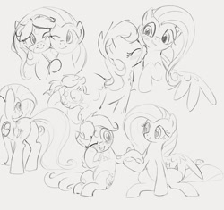 Size: 1560x1466 | Tagged: safe, artist:dotkwa, fluttershy, oc, oc:dotmare, earth pony, pegasus, pony, g4, butt, canon x oc, cute, daaaaaaaaaaaw, female, flutterbutt, holding hooves, kissy face, mare, monochrome, nuzzling, plot, shipping, sitting, sketch, sketch dump, squishy cheeks