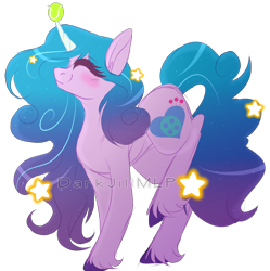 Size: 3862x3871 | Tagged: safe, artist:darkjillmlp123, izzy moonbow, pony, unicorn, g5, ball, blushing, cute, eyes closed, female, high res, horn, horn guard, horn impalement, hornball, izzy's tennis ball, izzybetes, mare, simple background, smiling, solo, stars, tennis ball, transparent background, unshorn fetlocks