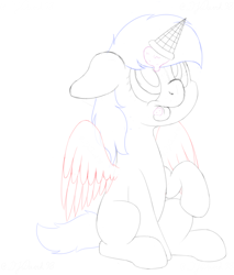 Size: 3400x4000 | Tagged: safe, artist:djdavid98, pony, commission, female, floppy ears, food, ice cream, ice cream cone, ice cream horn, looking up, mare, raised hoof, simple background, sitting, sketch, solo, spread wings, tongue out, white background, wings, ych example, ych sketch, your character here