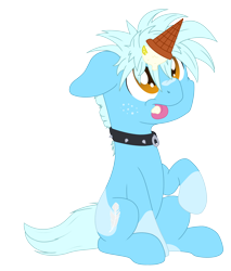 Size: 3400x4000 | Tagged: safe, artist:djdavid98, oc, oc only, oc:rin (wildbatpony), earth pony, pony, amber eyes, blue coat, coat markings, collar, colored pupils, dark background, floppy ears, food, freckles, ice cream, ice cream cone, ice cream horn, lemon, looking up, male, raised leg, simple background, sitting, socks (coat markings), solo, spiked collar, spiky mane, tongue out, transparent background, ych result
