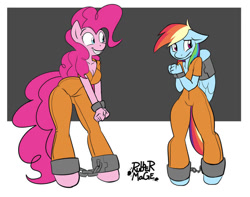 Size: 800x630 | Tagged: safe, artist:rubbermage, pinkie pie, rainbow dash, earth pony, pegasus, anthro, unguligrade anthro, g4, ankle chain, bondage, bound wings, clothes, cuffs, duo, excited, grin, prison outfit, prisoner pp, prisoner rd, shackles, smiling, wing cuffs, wings