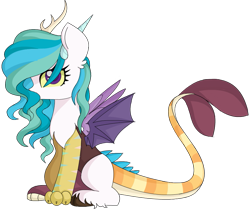 Size: 917x769 | Tagged: safe, artist:kaatseye, oc, oc only, draconequus, hybrid, female, interspecies offspring, offspring, parent:discord, parent:princess celestia, parents:dislestia, simple background, sitting, solo, transparent background