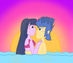 Size: 2448x2132 | Tagged: safe, artist:egtwiflash, flash sentry, twilight sparkle, equestria girls, g4, beach, bikini, blushing, clothes, female, high res, looking at each other, male, romance, ship:flashlight, shipping, straight, sunset, swimming, swimsuit, topless