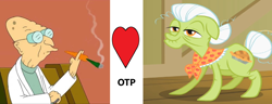 Size: 1854x710 | Tagged: safe, granny smith, g4, carrot, crack shipping, crossover, crossover shipping, farnsworth, food, futurama, male, meme, meta, otp, shipping, smoking