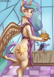Size: 2480x3508 | Tagged: safe, artist:nire, princess celestia, princess luna, alicorn, pony, semi-anthro, g4, apron, arm hooves, bipedal, butt, canterlot castle, clothes, cutie mark, eyes closed, food, grin, herbivore, high res, hoof shoes, levitation, looking at you, magic, momlestia fuel, naked apron, one eye closed, open mouth, pancakes, pineapple, plate, sky, smiling, smiling at you, sunbutt, table, telekinesis, window, wink, winking at you