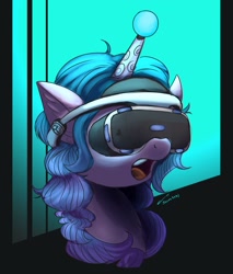 Size: 1632x1920 | Tagged: safe, artist:buckweiser, izzy moonbow, pony, unicorn, g5, ball, cute, female, horn, hornball, izzy's tennis ball, izzybetes, mare, open mouth, playstation, solo, tennis ball, virtual reality, vr headset