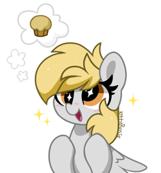Size: 996x1075 | Tagged: safe, artist:kittyrosie, derpy hooves, pegasus, pony, g4, blushing, cute, derpabetes, food, kittyrosie is trying to murder us, muffin, open mouth, simple background, solo, sparkles, that pony sure does love muffins, thought bubble, white background, wingding eyes