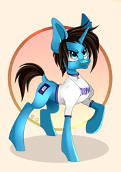 Size: 2894x4093 | Tagged: safe, artist:violettsun, pony, unicorn, clothes, commission, geoff wigington, horn, male, nose piercing, piercing, ponified, raised leg, shirt, simple background, solo, stallion, t-shirt, waterparks, ych result