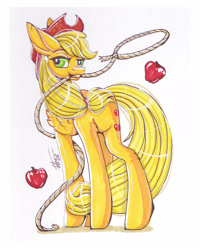 Size: 2000x2500 | Tagged: safe, artist:inspiredpixels, applejack, earth pony, pony, g4, apple, food, high res, rope, signature, solo, standing, traditional art