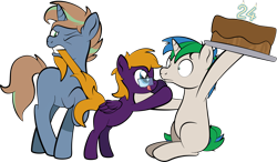 Size: 1920x1124 | Tagged: safe, artist:alexdti, oc, oc only, oc:brainstorm (alexdti), oc:purple creativity, oc:star logic, pegasus, pony, unicorn, 24, bipedal, cake, food, glasses, rearing, simple background, starry eyes, tail, tail pull, tongue out, transparent background, wingding eyes