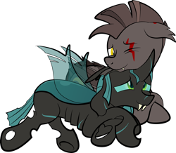 Size: 1920x1672 | Tagged: safe, artist:alexdti, oc, oc only, oc:kallaxia, oc:nocturnal wanderer, bat pony, changeling, pony, lying down, prone, simple background, transparent background