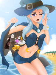 Size: 1536x2048 | Tagged: safe, artist:qzygugu, trixie, human, g4, beach, belly button, cape, clothes, cloud, flashback potion, hat, humanized, minecraft, ocean, one eye closed, open mouth, potion, sand, sky, solo, swimsuit, tree, umbrella, water, witch hat