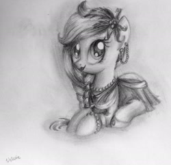 Size: 2493x2406 | Tagged: safe, artist:velvettia, oc, oc only, oc:poppy seed (mec), earth pony, pony, clothes, dress, high res, mascot, middle equestrian convention, pencil drawing, solo, traditional art