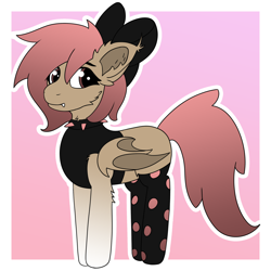 Size: 2400x2400 | Tagged: safe, artist:tav, oc, oc only, oc:taiyo, bat pony, pony, bow, choker, clothes, collar, fangs, high res, simple background, socks, solo, spiked choker