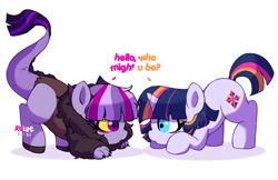 Size: 1327x862 | Tagged: safe, artist:riukime, oc, oc:bridice, oc:jinx, draconequus, hybrid, collaboration, female, filly, half-siblings, interspecies offspring, meeting, offspring, parent:discord, parent:twilight sparkle, parents:discolight, siblings, simple background, sisters, white background