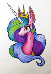 Size: 888x1280 | Tagged: safe, artist:juliete, princess celestia, alicorn, pony, g4, bust, crown, cute, drawing, ear fluff, ethereal mane, eyelashes, eyeshadow, female, flowing mane, gem, gouache, horn, jewelry, long horn, looking at you, makeup, mare, multicolored mane, oil, oil painting, orange eyes, pinklestia, portrait, regalia, simple background, smiling, smiling at you, solo, sternocleidomastoid, traditional art, white background