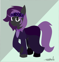 Size: 2653x2774 | Tagged: safe, artist:samsailz, oc, oc only, earth pony, pony, clothes, dress, flower, headband, high res, lineless, looking at you, no pupils, signature, smiling, solo, two toned background