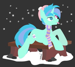 Size: 2256x2009 | Tagged: safe, artist:samsailz, oc, oc:sleepy whistles, pony, unicorn, bench, clothes, cold, cute, high res, lineless, lying down, scarf, smiling, snow, snowflake, stone, tongue out
