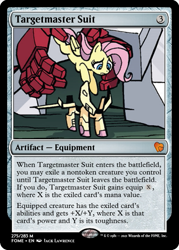 Size: 375x523 | Tagged: safe, artist:jack lawrence, edit, idw, fluttershy, pegasus, pony, g4, the magic of cybertron, spoiler:the magic of cybertron04, armor, ccg, exosuit, magic the gathering, ratchet, trading card, trading card edit, transformers