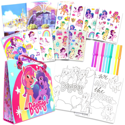 Size: 2000x2000 | Tagged: safe, hitch trailblazer, izzy moonbow, pipp petals, sunny starscout, zipp storm, earth pony, pegasus, pony, unicorn, g5, official, bag, coloring page, female, high res, male, mane five, mare, maretime bay, marker, merchandise, poster, stallion, sticker, target (store), text, zephyr heights
