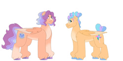 Size: 1280x640 | Tagged: safe, artist:itstechtock, oc, oc only, oc:easy breezy, oc:whirligig, pegasus, pony, blaze (coat marking), coat markings, facial markings, female, mare, offspring, parent:hyacinth dawn, parent:spearhead, pegasus oc, siblings, simple background, sisters, unshorn fetlocks, white background