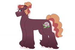 Size: 1280x854 | Tagged: safe, artist:itstechtock, oc, oc only, oc:soubrette (itstechtock), earth pony, pony, curly hair, earth pony oc, female, freckles, mare, offspring, parent:rainbow stars, ponytail, simple background, solo, unshorn fetlocks, white background