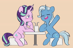 Size: 3549x2324 | Tagged: safe, artist:chub-wub, starlight glimmer, trixie, pony, unicorn, g4, blushing, drink, eyes closed, female, high res, hoof in air, hoof on chest, hoof on chin, lesbian, mare, open mouth, open smile, ship:startrix, shipping, simple background, sitting, smiling, stool, straw, table, yellow background