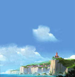 Size: 861x882 | Tagged: safe, g5, official, cliff, cloud, lighthouse, maretime bay, no pony, ocean, scenery