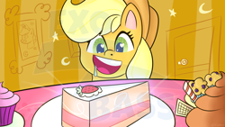 Size: 2560x1440 | Tagged: safe, artist:exobass, applejack, oc, oc:tw3lv3, pony, g4, g4.5, my little pony: pony life, cake, delicious, food, heart, heart eyes, muffin, thumbnail, watermark, wingding eyes