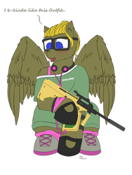 Size: 3000x4000 | Tagged: safe, artist:donnik, oc, oc only, oc:donnik, pegasus, pony, blushing, clothes, cosplay, costume, crossdressing, glasses, gun, headphones, male, rainbow six, rainbow six siege, rifle, simple background, solo, steyr aug, transparent background, weapon