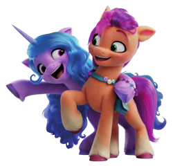 Size: 446x429 | Tagged: safe, izzy moonbow, sunny starscout, earth pony, pony, unicorn, g5, my little pony: a new generation, official, female, mare, simple background, stock render, transparent background, volumetric mouth, white background