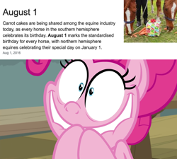 Size: 1920x1725 | Tagged: safe, edit, edited screencap, screencap, pinkie pie, earth pony, horse, pony, a trivial pursuit, g4, birthday, cake, carrot, carrot cake (food), excited, faic, female, food, herbivore, hooves together, horse-pony interaction, irl, irl horse, lip bite, mare, photo, pinkie being pinkie, pinkie fuel, shrunken pupils, solo, that pony sure does love parties, this will end in a party, this will end in parties, wide smile, year of the pony