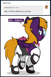 Size: 900x1365 | Tagged: safe, artist:alexdti, oc, oc only, oc:purple creativity, pegasus, pony, baka, blushing, clothes, crossdressing, glasses, maid, male, puffy cheeks, raised hoof, simple background, solo, standing on two hooves, white background