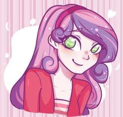 Size: 1017x969 | Tagged: safe, artist:oniiponii, sweetie belle, equestria girls, g4, blushing, clothes, coat, cute, diasweetes, female, hairband, heart, shirt, solo