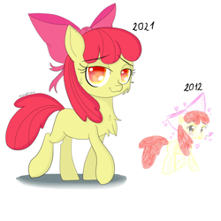 Size: 1080x1080 | Tagged: safe, artist:fajnyziomal, apple bloom, earth pony, pony, g4, art evolution, bedroom eyes, bow, cheek fluff, chest fluff, eyebrows, eyebrows visible through hair, female, filly, hair bow, simple background, smiling, smirk, solo, white background