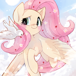 Size: 1737x1728 | Tagged: safe, artist:kemari12011, fluttershy, bird, dove, pegasus, pony, g4, blushing, cloud, cute, female, flower, flying, mare, pixiv, shyabetes, sky, solo, spread wings, wings