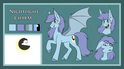 Size: 1280x723 | Tagged: safe, artist:cosmalumi, oc, oc only, oc:nightlight charm, bat pony, pony, reference sheet, solo