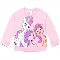 Size: 2400x2400 | Tagged: safe, pipp petals, sunny starscout, zipp storm, earth pony, pegasus, pony, g5, official, 2d, clothes, female, high res, mare, merchandise, my little pony logo, pullover, simple background, sweatshirt, white background