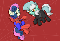 Size: 5639x3898 | Tagged: safe, artist:background basset, bon bon, lyra heartstrings, sweetie drops, earth pony, pony, unicorn, g4, abstract background, clothes, costume, floating, male, spider-man, symbiote, tongue out, venom