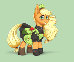 Size: 3902x3241 | Tagged: safe, artist:taytinabelle, part of a set, applejack, earth pony, pony, g4, alternate hairstyle, apron, booties, boots, clothes, cute, cutie mark accessory, cutie mark on clothes, dress, ear fluff, female, flowing mane, frilly dress, gradient background, green background, happy, high res, jackabetes, looking at you, maid, maid headdress, maidjack, mare, missing accessory, puffy sleeves, shoes, simple background, smiling, solo