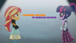 Size: 3410x1920 | Tagged: artist needed, safe, derpibooru exclusive, edit, edited screencap, screencap, sci-twi, sunset shimmer, twilight sparkle, human, derpibooru, acadeca, equestria girls, g4, my little pony equestria girls: friendship games, 1000 hours in ms paint, accessory, arrow, canterlot high, clothes, contest, crossed arms, crystal prep academy, crystal prep academy students, crystal prep academy uniform, cutie mark, dress, duh, eyebrows, eyelashes, female, glasses, hair bun, hairpin, high res, impact font, indoors, jacket, leather, leather jacket, lesbian, looking at each other, low effort, meta, pants, ponytail, school, school uniform, ship:sci-twishimmer, ship:sunsetsparkle, shipping, shirt, staring at each other, stars, text, text edit, vest, wall of tags, woman