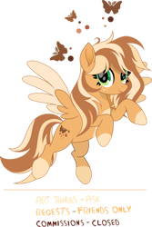 Size: 731x1094 | Tagged: safe, artist:inaactive, oc, oc:goldi, butterfly, pegasus, pony, alternate design, coat markings, female, flying, mare, movie accurate, pegasus oc, simple background, smiling, smiling at you, socks (coat markings), transparent background, two toned mane, two toned tail, two toned wings, wings
