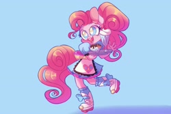 Size: 3000x2000 | Tagged: safe, artist:y0urstruiy, pinkie pie, earth pony, anthro, plantigrade anthro, coinky-dink world, equestria girls, g4, my little pony equestria girls: summertime shorts, 1950s, apron, blue background, clothes, colored pupils, cute, diapinkes, dress, ear fluff, female, food, high res, milkshake, open mouth, ponytail, roller skates, server pinkie pie, simple background, solo, sundae, tray