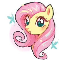 Size: 850x720 | Tagged: safe, artist:plushloo, fluttershy, butterfly, pony, g4, :o, blushing, bust, cute, female, looking at you, mare, open mouth, portrait, shyabetes, simple background, solo, three quarter view, white background